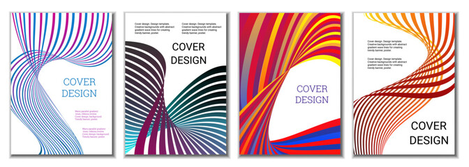 A set of 4 abstract covers. Wavy parallel gradient lines, ribbons evolve. Cover design, background. Trendy banner, poster.