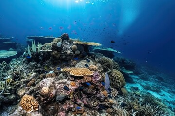 Plastic waste at the bottom of the sea, ecology of marine life, generative AI.