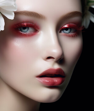 Portrait of young beautiful woman with red make-up and white flowers. AI generated image.