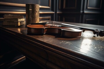 Fototapeta na wymiar A table with a bronze violin resting on it. Generative AI