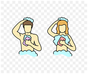 Man and woman bathe in the shower and lather, colored graphic design. Bathroom, hygiene, body care, hair care, shampoo, soap and gel, vector design and illustration
