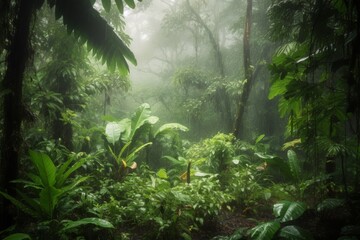Naklejka na ściany i meble heavy rain in the rainforest. Created with generative technology.