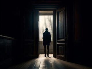 Fototapeta premium A person standing inside an open door frame, with the outside scenery visible through the doorway