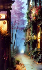 mysterious twilight foggy flower fairy street