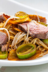 slices of duck breast with noodles, vegetables and bamboo shoots