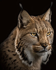 Obraz premium Generated photorealistic image of a forest lynx in profile with yellow eyes 