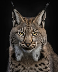 Fototapeta na wymiar Generated photorealistic image of a forest lynx with yellow eyes 