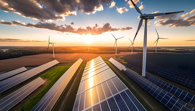 Modern Wind turbines and solar panels sunset light. Concept eco green renewable energy. Generation AI