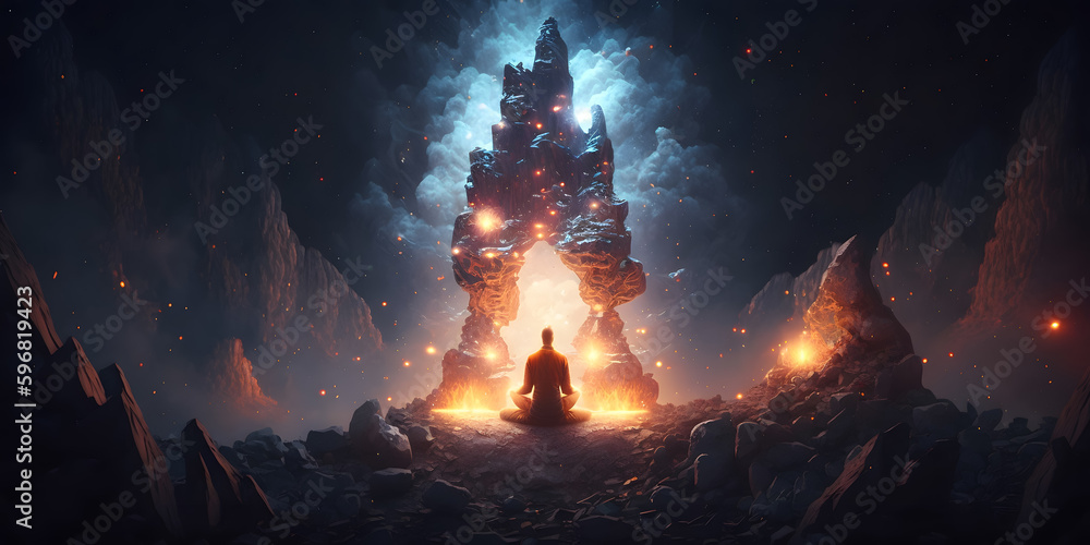 Wall mural astral yoga silhouette of human in cosmic space meditate. practicing transcendental spiritual medita