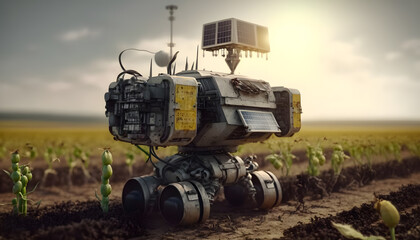 Obraz premium Industrial modern 4.0 agriculture modern farm with robots drone. Concept technology innovations farming. Generation AI.