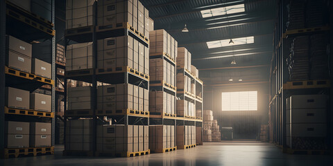 Obraz premium Concept banner center of logistic storage. Forklift with box working in Warehouse industrial premises for storing materials and wood. Generation AI