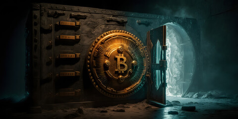 Gold Safe deposit with bitcoin logo. Concept symbol of cryptocurrency safety in internet blockchain virtual. Copy space banner. Generation AI.