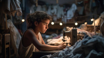 A young girl working in a sweatshop, surrounded by piles of fabric and sewing machines. Child labor and exploitation. Generative AI