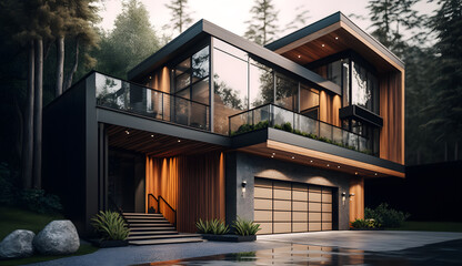 Modern home with Glass, Wood, and Black Metal in a forest with golden lighting, Expensive House Mansion with Big Windows