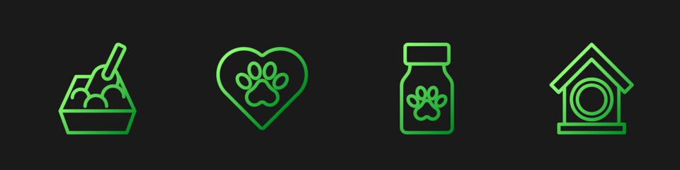 Set line Medicine bottle and pills, Cat litter tray with shovel, Heart animals footprint and Dog house. Gradient color icons. Vector