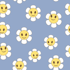 Vector seamless pattern in retro groovy style. Daisy flowers with smiling happy faces on blue background colors perfect for scrapbooking, textile, wrapping paper and stationery for kids and adults