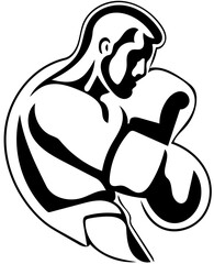 Vector silhouette illustration of a boxer in black and white, logo of a boxing fighter 