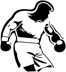 Vector silhouette illustration of a boxer in black and white, logo of a boxing fighter 