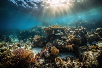 Naklejka na ściany i meble Marine life and coral reefs with fish, environmental problem in the sea, generative AI.