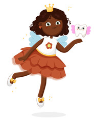 Cute little tooth fairy with crown. Cheerful tooth fairy princess cartoon character.Vector illustrarion for print,poster