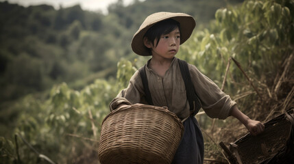An image of a child working in a field, with a large basket of produce. Child labor and exploitation. Generative AI