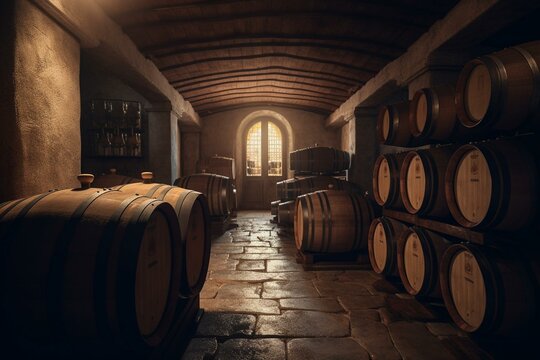 Illustrated wine cellar with stacked wooden barrels. Generative AI