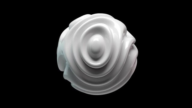 White rotating sphere with liquid rippled surface on black background. Abstract concept of big data, artificial intelligence or digital sound wave. Seamless loop animation of with alpha matte