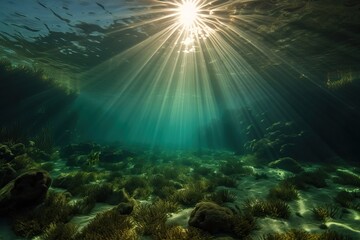 Fototapeta na wymiar Seabed and bright direct sunlight underwater, generative AI.