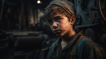 Obraz na płótnie Canvas A child laborer in a factory, surrounded by machinery and working tirelessly. Child labor and exploitation. Generative AI
