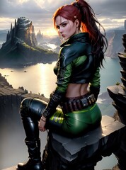 Red-haired woman sitting on a high lookout Generated AI
