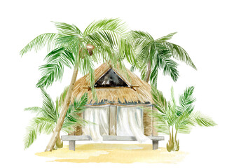 Watercolor Summer  beach huts, seagulls and design s, palm beach resort, summer home on a beach, wooden beach house with veranda and palm trees, Tropical landscape, Summer tropical beach