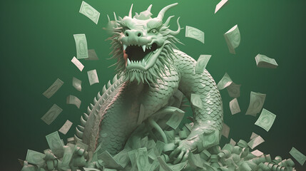 Banknotes and coins rain down on the Traditional Chinese Green Dragon as a symbol of wealth for the Chinese New Year holiday. AI generated