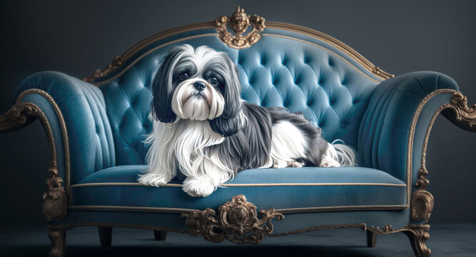 Adorable Shih Tzu Dog Relaxing in Luxurious Modern Apartment. Generative AI