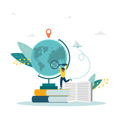 Man looking at globe through magnifying glass. Concept of geography, geographical research, study of Earth, cartography and navigation. Flat vector illustration for banner, poster.
