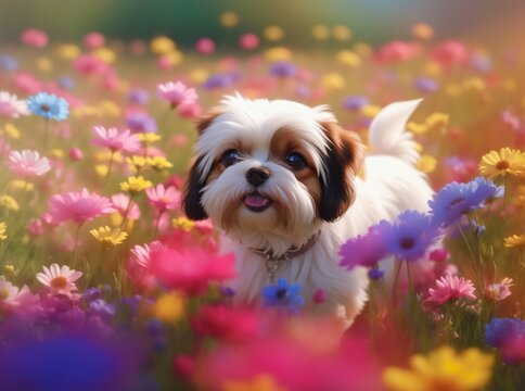 Cheerful Shih Tzu Dog enjoying in Blossoming Flower Valley. Generative AI