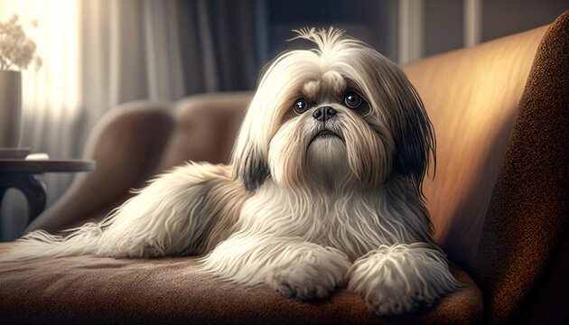 Adorable Shih Tzu Dog Relaxing in Luxurious Modern Apartment. Generative AI