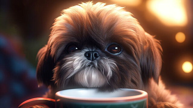 Adorable Shih Tzu Puppy Cozily Resting Next to Hot Coffee in the morning. Generative AI