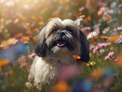 Joyful Shih Tzu Dog Exploring Lush Flower-filled Paradise. Generative AI