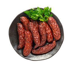 Dry Smoked Sausages Isolated, Salami Sticks, Kielbasa, Cabanossi, Kabanos, Dry Embutido, Chorizo, Bratwurst