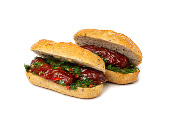 Choripan Sausage Sandwich Isolated, Traditional Chimichurri Bread with Chorizo and Chimichurri