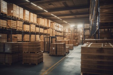 A space stacked with crates & packages; a facility for keeping goods, organizing shipments, and distribution. Generative AI