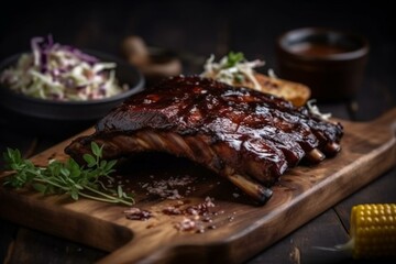 Tender BBQ ribs with coleslaw and sweet corn. Generative AI