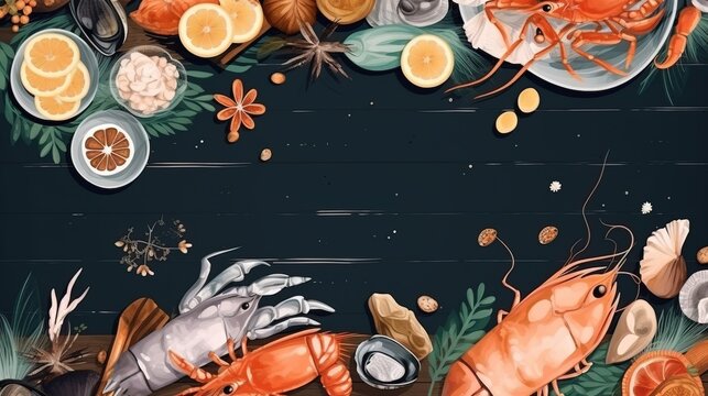 Fresh seafood watercolor illustration on  black wooden background: oysters, mussels, shrimp. Perfect for menu or advertising materials. Generative ai.