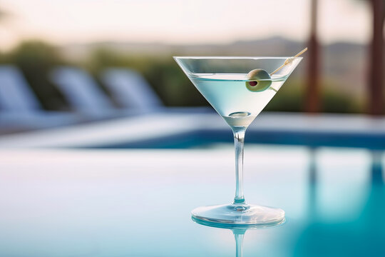 Martini cocktail tonic on poolside by pool. Generative AI illustration