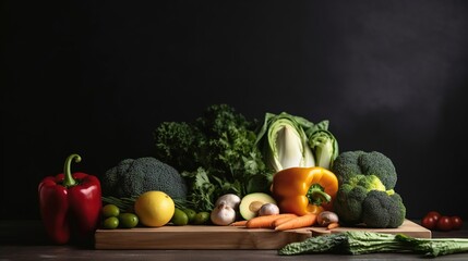 Obraz na płótnie Canvas Fresh Veggie Border! Organic vegetables on natural black background. Ideal for healthy food designs. Generative ai