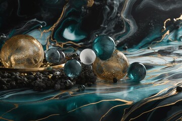 Modern abstract art of teal and black with marble and agate designs on an organic sparkling gold background. Generative AI