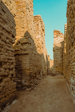 Mohenjo Daro, Sindh Pakistan - February 28, 2023: Main City Streets Indus Civilization