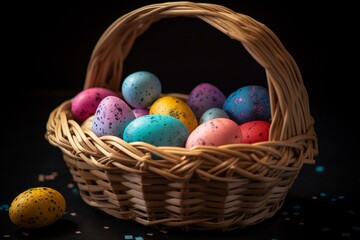 Fototapeta na wymiar Collection of colorful egg-shaped objects in a basket perfect for Easter. Generative AI