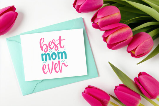 pink tulips and a card with the text I love mom on a white background mother's day concept