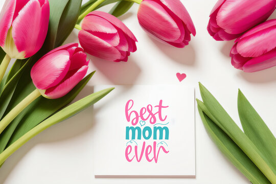 pink tulips and a card with the text I love mom on a white background mother's day concept